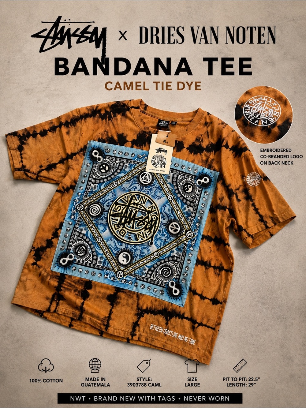 NWT Stüssy x Dries Van Noten Bandana Tee Camel Tie Dye Large